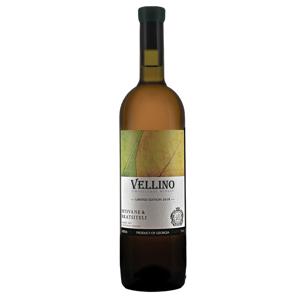 Bottle of Vellino wine with a label showcasing the brand and 'Mtsvane & Rkatsiteli' variety, indicating it is a product of Georgia.