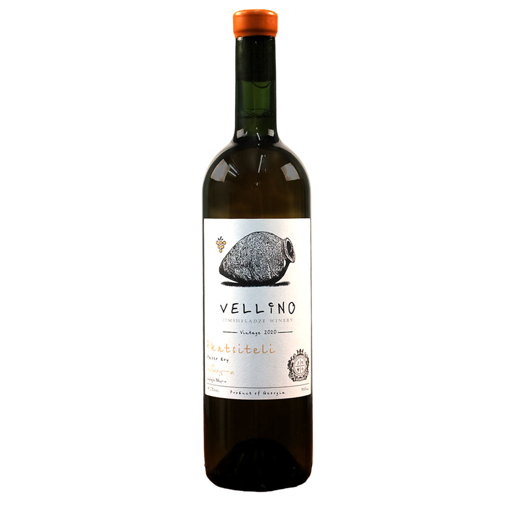 A bottle of Vellino wine with a label that includes the brand name and 'Rkatsiteli' grape variety, indicating a 6 month maceration period and being unfiltered.