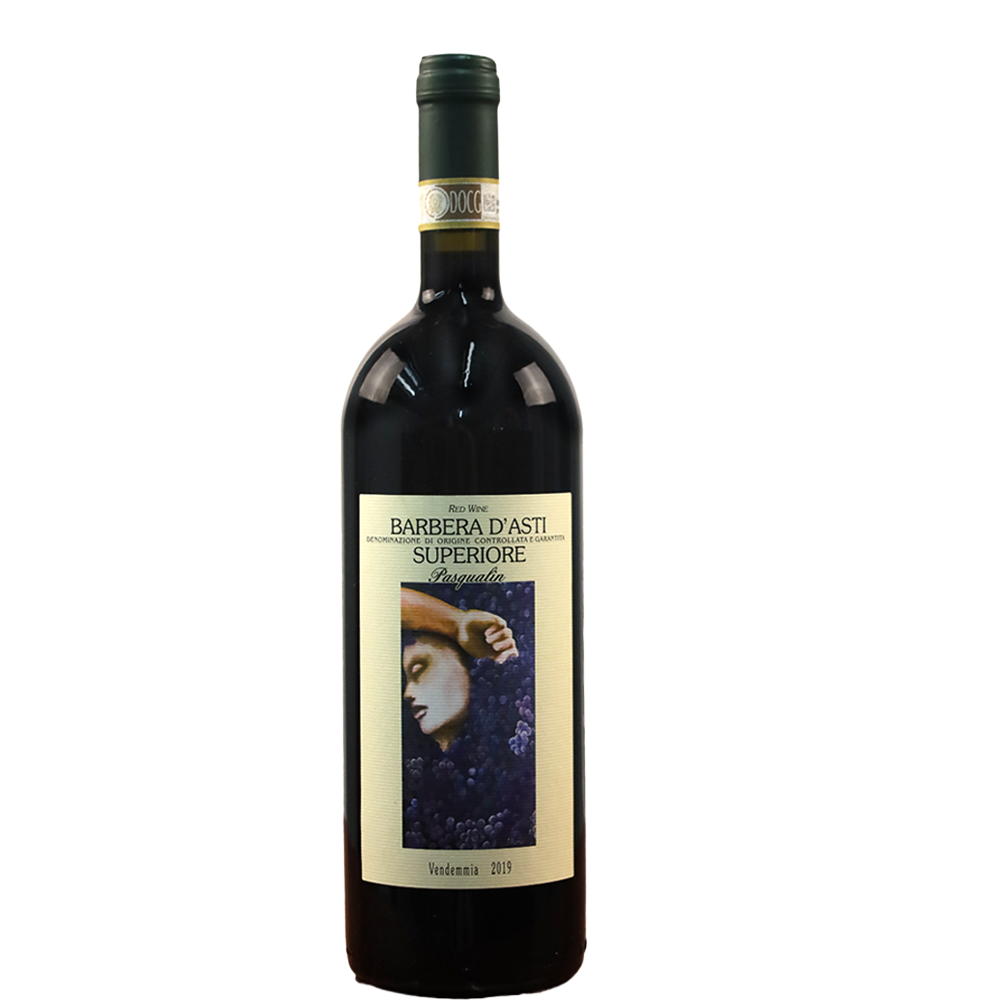 A bottle of Barbera d'Asti Superiora wine with a label that includes the wine variety and '2019' in a clear front view.